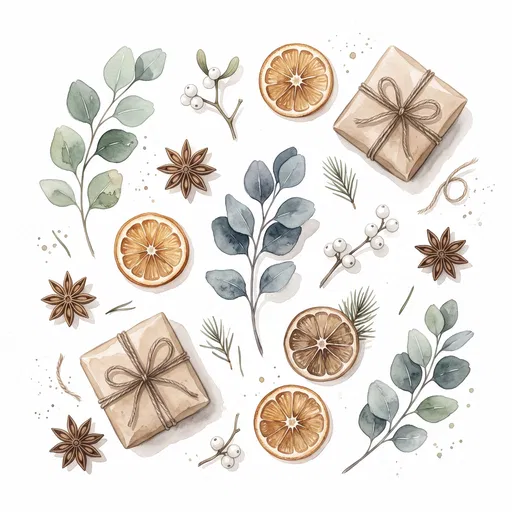 Watercolor Winter Botanicals and Gifts Flat Lay