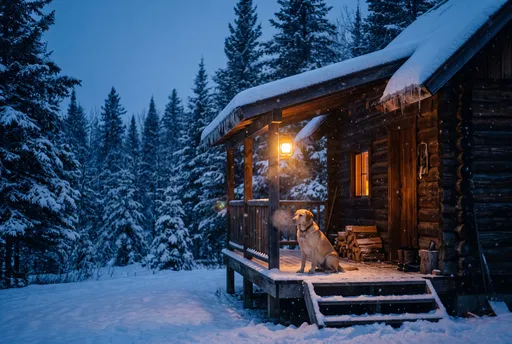 Golden Labrador on Snowy Cabin Porch