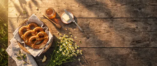 Rustic Breakfast Table With Pretzels and Honey