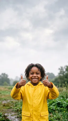 Happy Child in Yellow Raincoat Outdoors