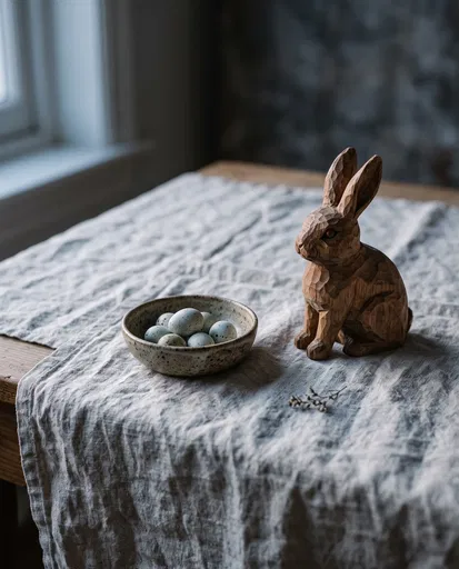 Carved Wooden Rabbit and Speckled Eggs