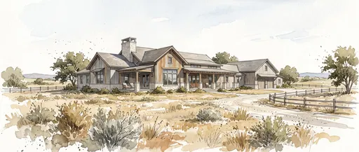 Watercolor Illustration of Country Ranch House