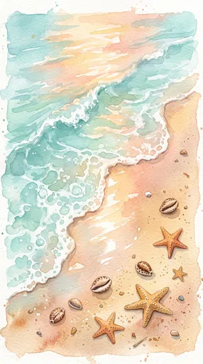 Watercolor Beach Shore With Shells and Starfish