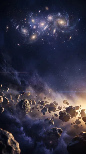 Golden Lit Asteroid Belt Under Distant Galaxies