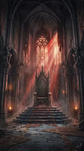 Gothic Stone Throne Room With Red Sunbeams