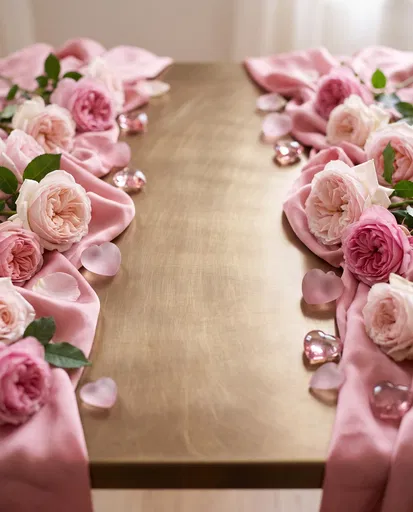 Pink Roses and Silk on Brass Table