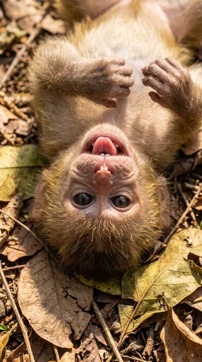 Playful Baby Macaque Lying Upside Down