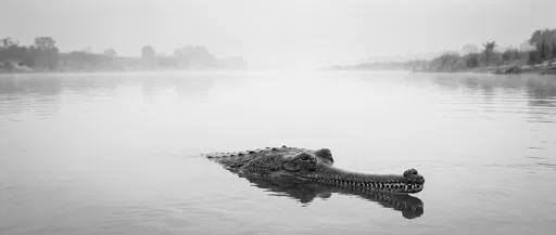 Black and White Gharial in Misty River