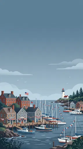 Patriotic New England Harbor Town Illustration