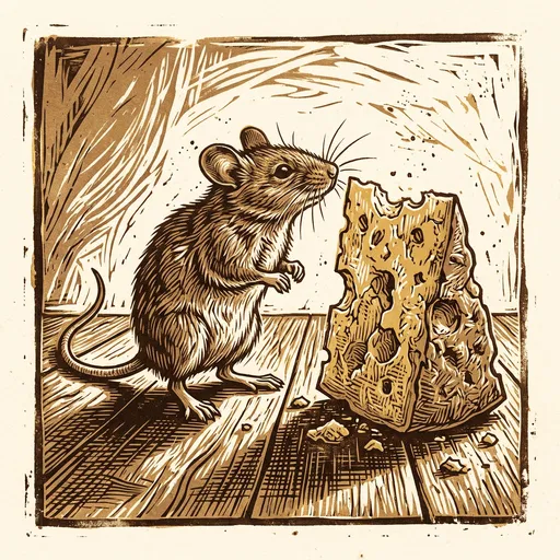 Linocut Print of Mouse and Cheese