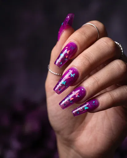 Purple Jelly Coffin Nails with Butterflies