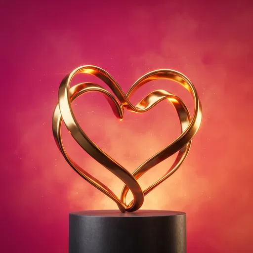 Golden Ribbon Heart Sculpture on Pedestal