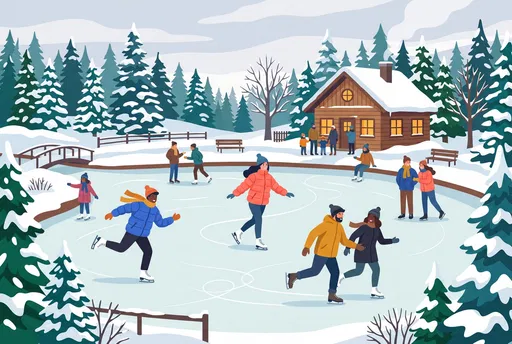 Flat Illustration of Winter Pond Ice Skating