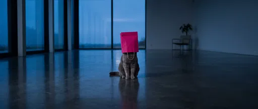 Cat With Magenta Bag On Head