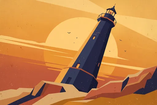Geometric Indigo Lighthouse at Sunset Illustration