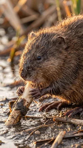 Muskrat Eating Root in Golden Hour
