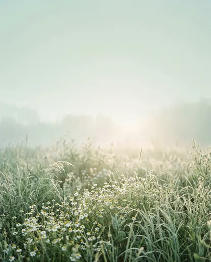 Misty Morning Meadow with Chamomile Flowers