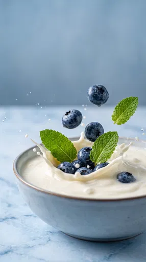 Blueberries and Mint Splashing Into Yogurt