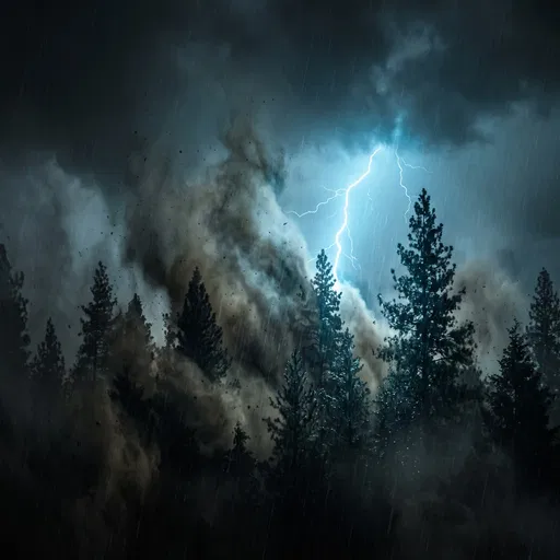 Lightning Strike Over Stormy Pine Forest