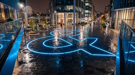 Glowing Blue Ampersand in Urban Plaza