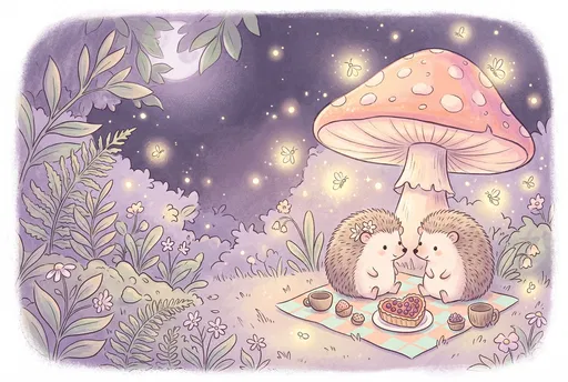 Hedgehogs Sharing a Nighttime Valentine Picnic