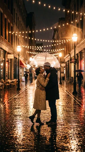 Couple Kissing Under Umbrella on Rainy Street