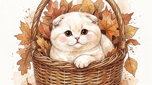 Watercolor White Kitten in Autumn Basket