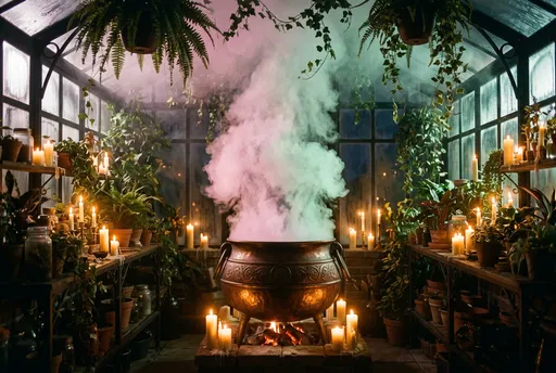 Copper Cauldron Smoking in Candlelit Greenhouse