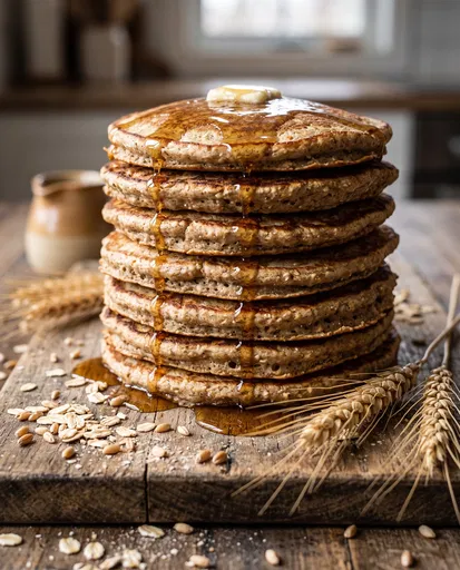 Whole Wheat Pancakes Stack with Syrup