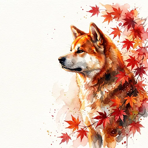 Watercolor Akita Dog With Autumn Maple Leaves