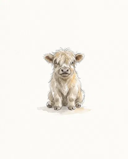Watercolor Illustration of Sitting Highland Calf