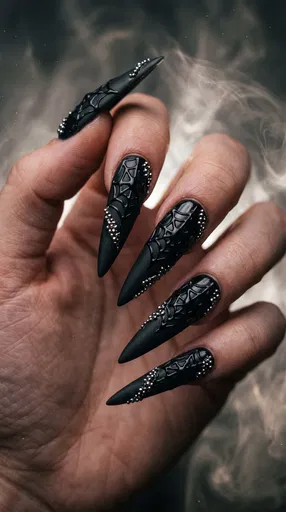 Gothic Black Spiderweb Stiletto Nails