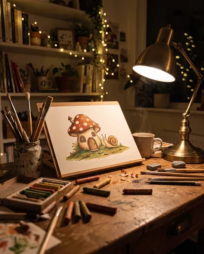 Cozy Artist Desk With Mushroom Illustration
