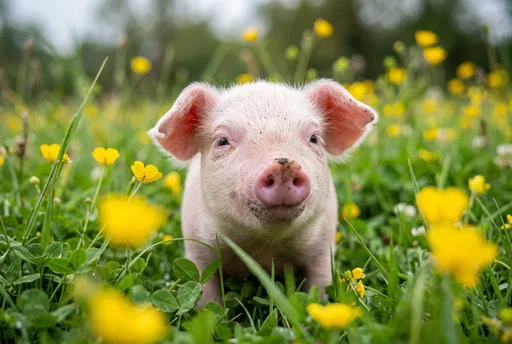 Pink Piglet in Yellow Buttercup Field