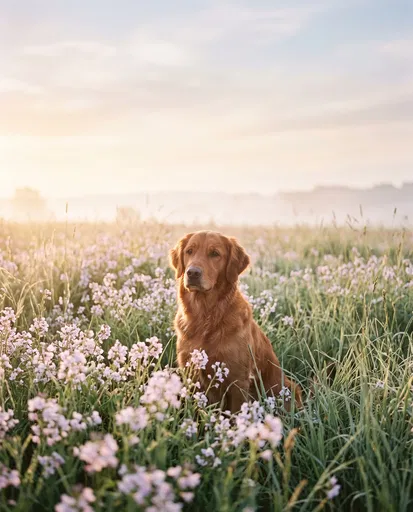 Golden Retriever in Morning Wildflower Meadow
