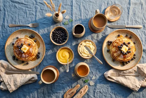 Blueberry Pancake Breakfast Overhead Flat Lay