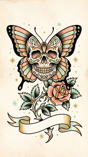 Traditional Skull Butterfly and Rose Tattoo Flash