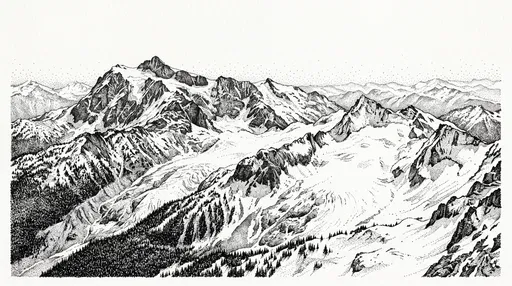 Stippled Ink Illustration of Alpine Mountain Range