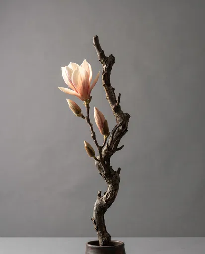 Minimalist Magnolia Branch on Grey Background