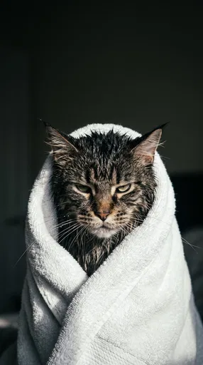 Grumpy Wet Cat Wrapped in White Towel