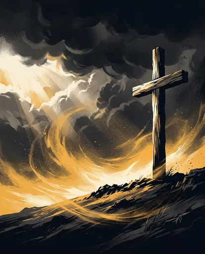 Wooden Cross on Stormy Hilltop Illustration