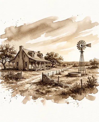 Sepia Watercolor Texas Limestone Farmhouse