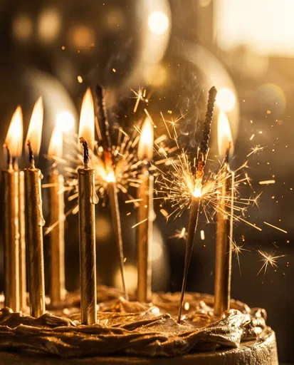 Golden Birthday Candles and Sparklers on Cake