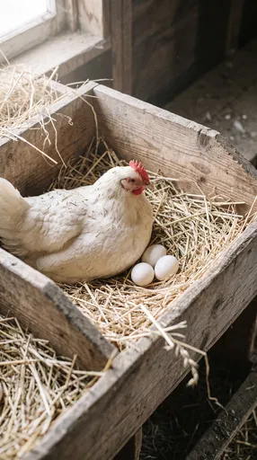 White Hen with Eggs in Nesting Box