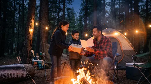 Children Giving Father Gift at Night Campsite