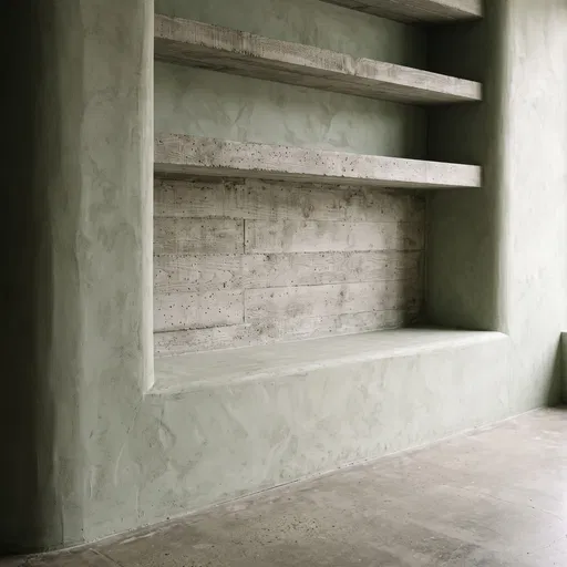 Sage Green Limewash Alcove With Concrete Shelves