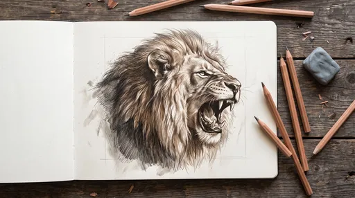 Roaring Lion Sketch in Open Notebook