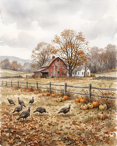 Watercolor Autumn Farmstead With Turkeys and Pumpkins