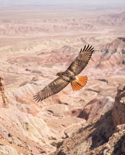 Red-Tailed Hawk Soaring Over Desert Badlands