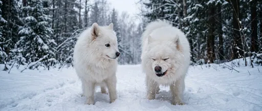 Two White Samoyeds on Snowy Winter Trail